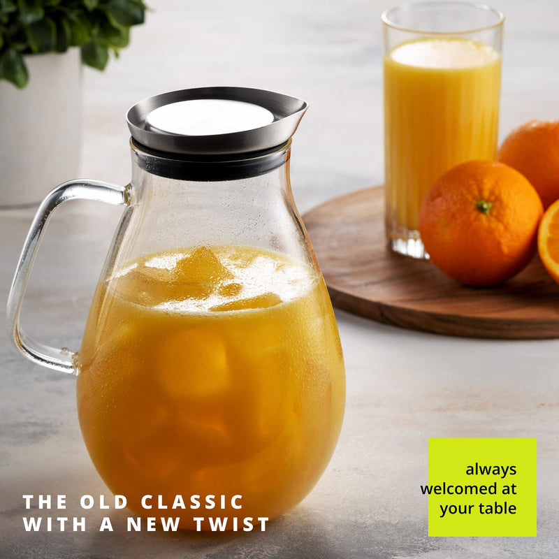 [Australia - AusPower] - MITBAK 60- OZ Glass Pitcher With Stainless Steel Lid | Beautiful Lightweight Beverage Jug Carafe With A Wide Handle | Great For Cold & Hot Drinks Like Tea, Lemonade, Juice, Water, Coffee, Cold Brew 