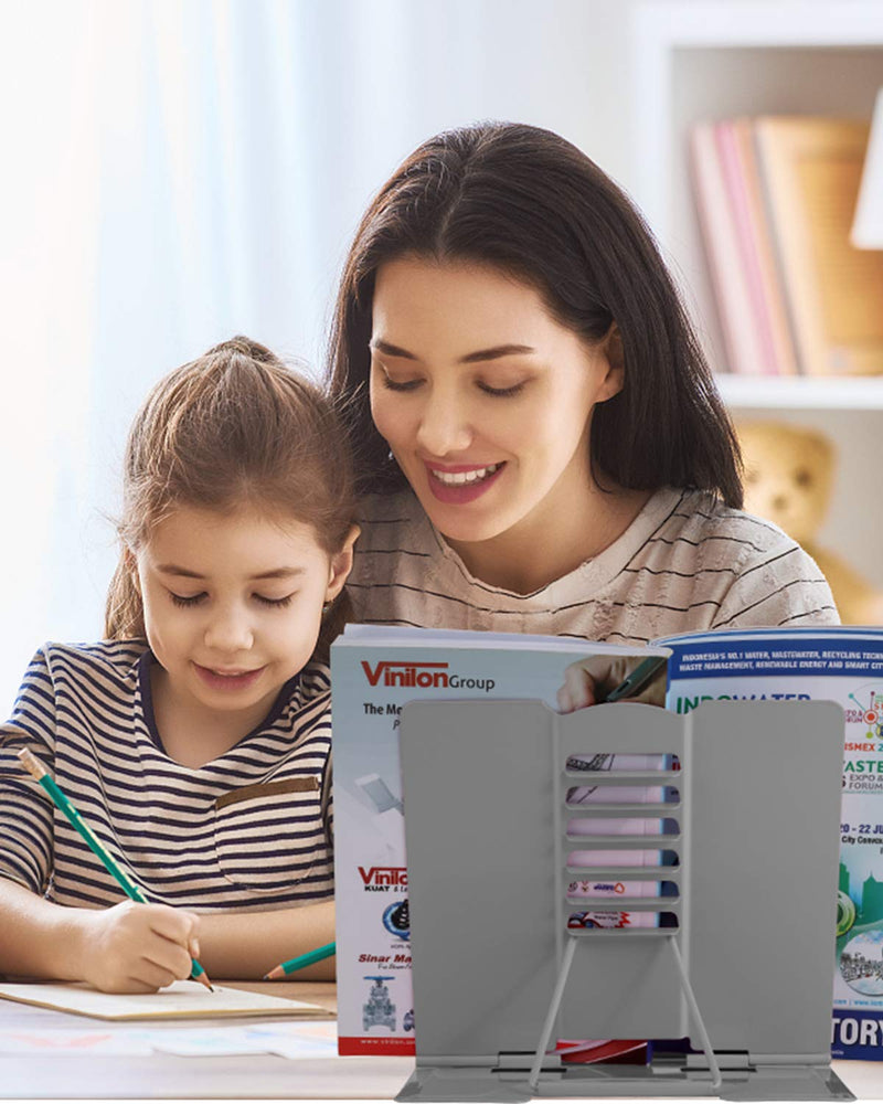 [Australia - AusPower] - Blizzow Desk Book Stand Holders for Reading Hands Free, Durable Metal Adjustable Book Stand, Sturdy Lightweight Foldable Portable Bookstand -Cookbook, Recipe, Tablet, Music Book, Documents (Grey) Gray 