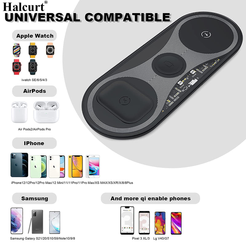 [Australia - AusPower] - Halcurt Wireless Charger 3 in 1 Wireless Charger Station for iPhone Watch, 15W Fast Charging Station for Apple Watch 7/SE/6/5/4/3/2, AirPods and iPhone 13, 12, 11, Pro, Pro max, XS, X, Samsung Galaxy 