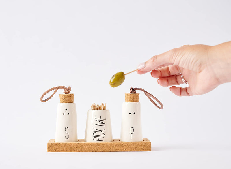 [Australia - AusPower] - Mud Pie, Off-White Salt, Pepper & Toothpick Holder, Size: tray 2" x 6" | shakers 2 3/4" x 1 1/2" dia 