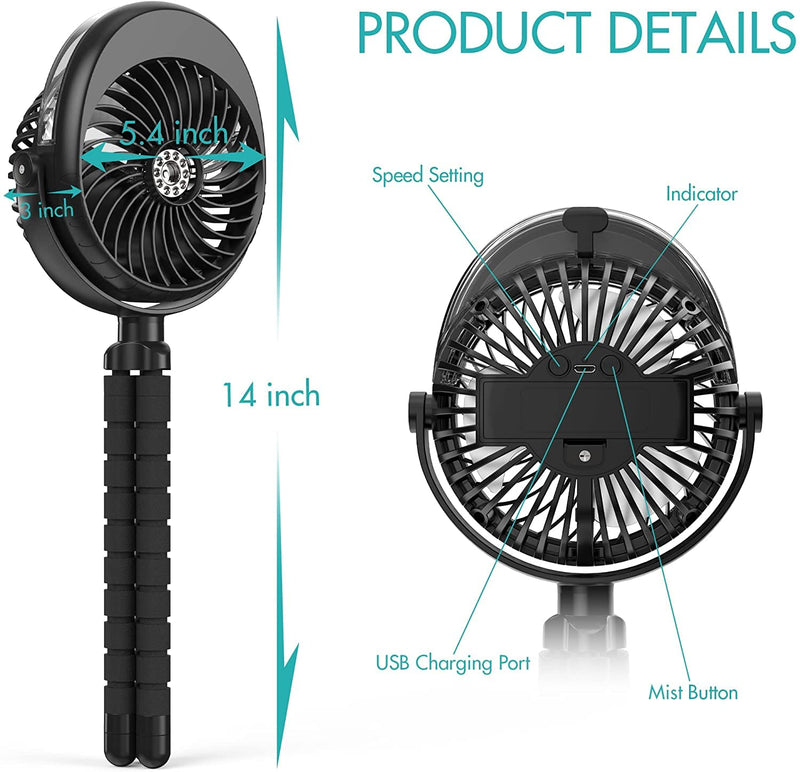 [Australia - AusPower] - Misting Stroller Fan, 2500mAh Battery Powered Personal Desk Air Circulator Fan with Flexible Tripod, Ultra Quiet 3 Speed 270° & 360° Rotatable USB Fan for Stroller Office Camping Hurricane Outage,Black Black 