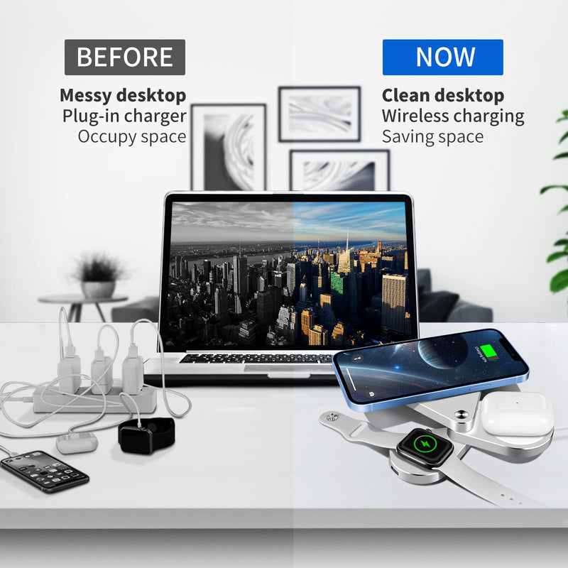 [Australia - AusPower] - 3 in 1 Detachable Magnetic Wireless Charger, 15W Fast Wireless Charging Station for iPhone 13/12, Foldable Wireless Charger Stand Compatible with iWatch SE/6/5/4/3/2 and Airpods Pro/2(Sliver) sliver 