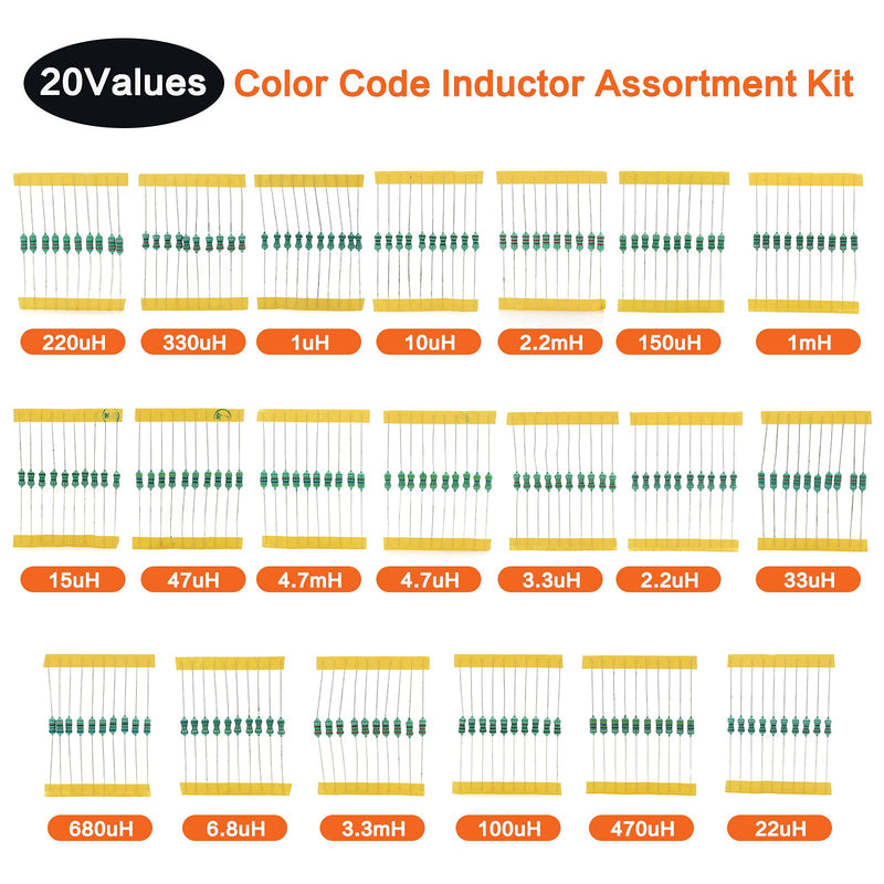 [Australia - AusPower] - Yetaida 200 Pcs Color Code Inductor, 20 Values Inductor Assortment Kit,1uH to 680uH,1mH-4.7mH,0.5W Color Ring Inductor 1/2 Watt Inductor 