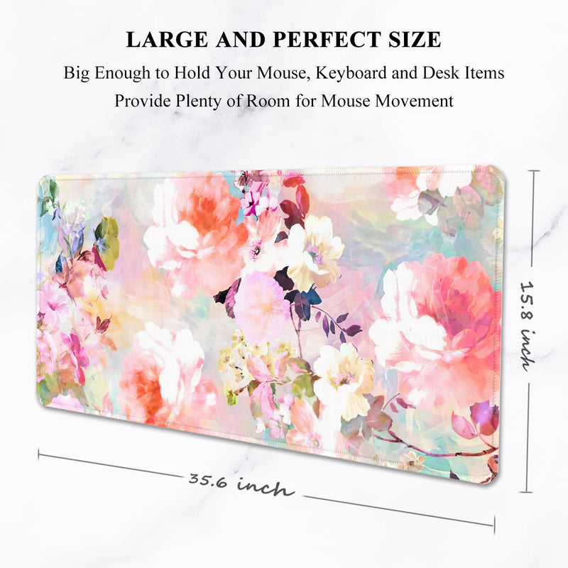 [Australia - AusPower] - Auhoahsil Desk Pad, XXL Large Mouse Extended Gaming Mousepad, Cute Mat for Women, Big Office Accessories Pad Computer Keyboard and Laptop, 35.5 x 15.7 Inch, Pretty Pink Flowers, Girly Flowers Girly Pink Flowers 