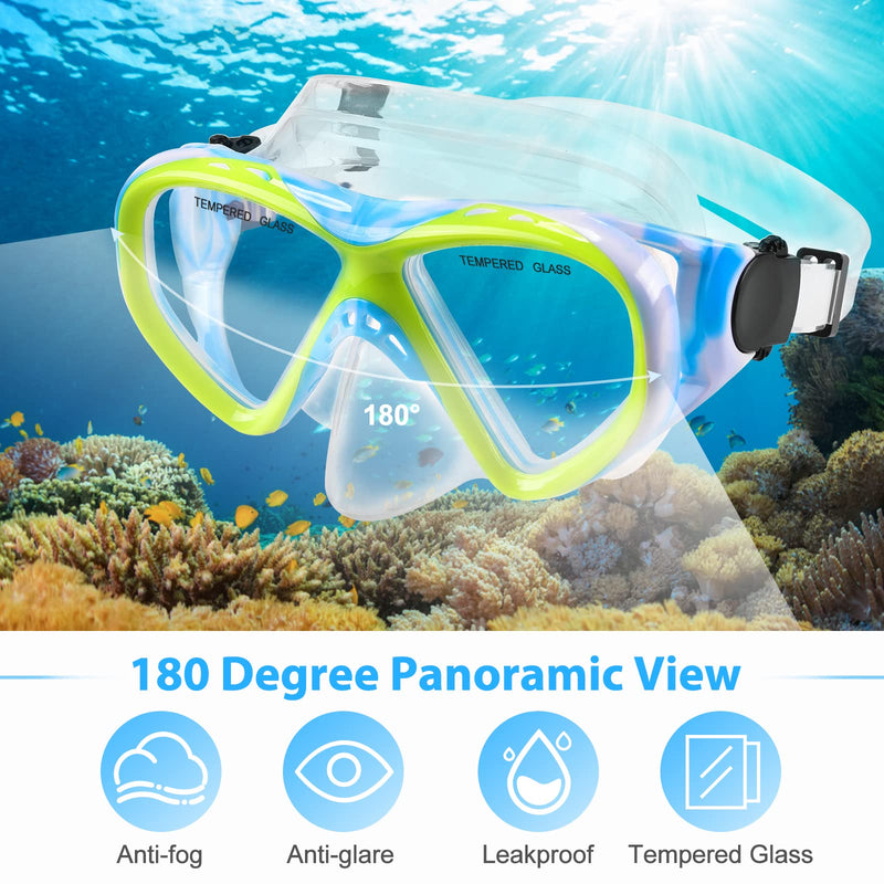 [Australia - AusPower] - Kids Snorkel Set Dry Top Snorkel Mask Snorkeling Gear for Kids Youth Boys Girls Junior Age 5-15,Tempered Glass Swimming Diving Scuba Goggles 180 Degree Panoramic View 