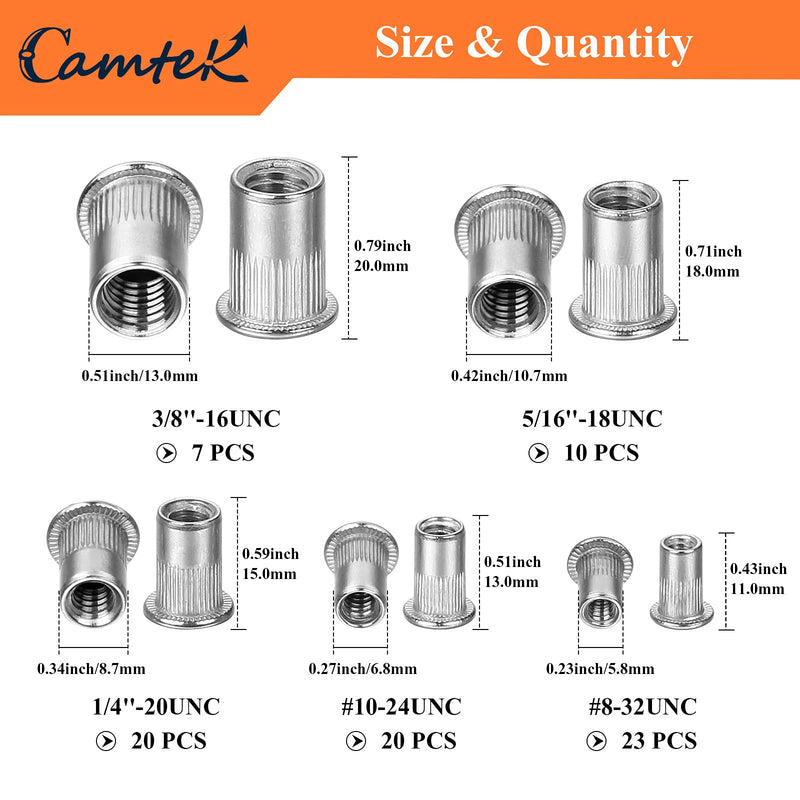 [Australia - AusPower] - 80PCS Stainless Steel Rivet Nut Set, Camtek 304 Stainless Steel Rivet Nut Flat Head Threaded Rivet nut Insert Nutsert Assortment Kit -5 Sizes(8-32 UNC,10-24 UNC,1/4-20 UNC,5/16''-18 UNC,3/8''-16 UNC) 80 