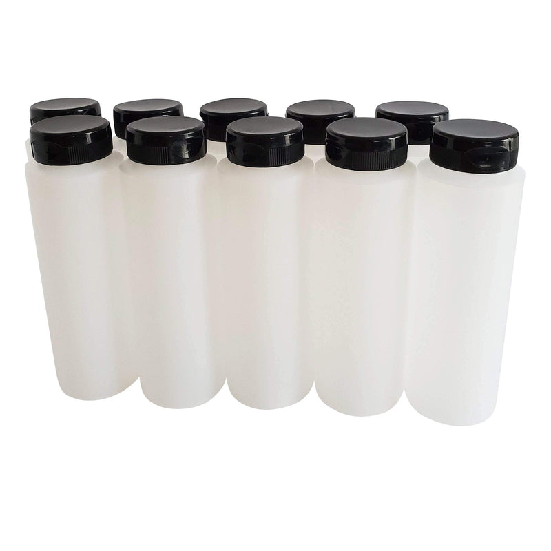 [Australia - AusPower] - kelkaa 8oz HDPE Plastic Squeeze Bottles with Wide Mouth Opening, Black Flip Top Caps for Condiments and Any Thick Liquid Products, Multi Purpose Refillable Empty Bottles (Pack of 10) 