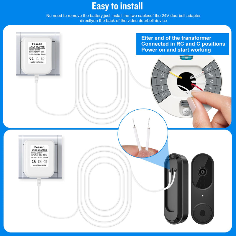 [Australia - AusPower] - Fesasn 24V C Wire Doorbell Transformer,Compatible with Ring Nest Hello Eufy and Wyze Video Ring Doorbells and Smart Thermostat(16.4 FT Long Cable with White) 16.4 FT White 