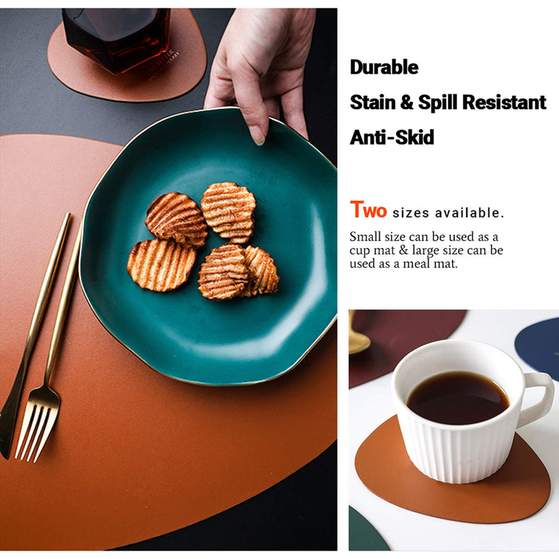 [Australia - AusPower] - Faux Leather Placemats and Coasters Set, Round Leather for Dinner Table Mats Heat Resistant Non-Slip Washable Insulation Coffee Mats Kitchen Place Mats Nordic Style (Brown, 2 Placemats+2 Coasters) Placemats Set of 2 and 2 Coaster Brown 
