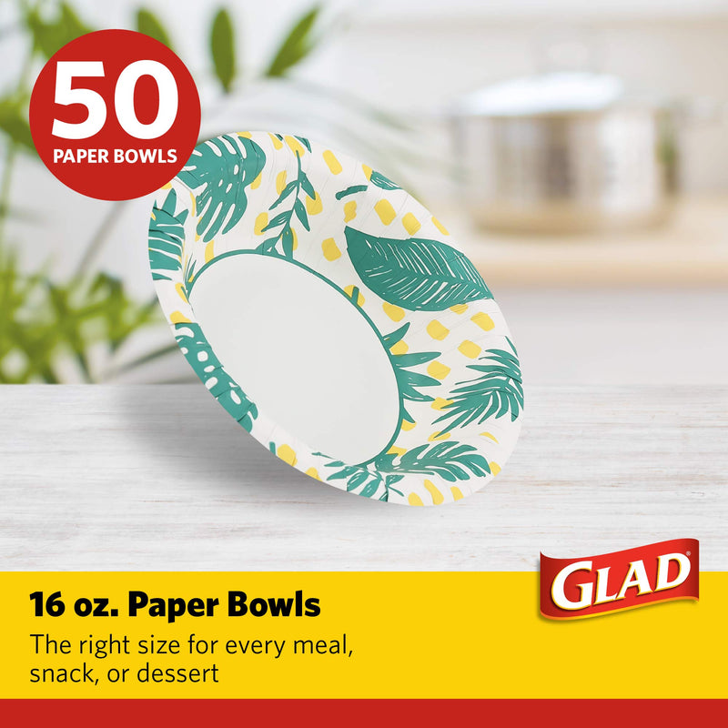[Australia - AusPower] - Glad Disposable Heavy Duty Cut Resistant Microwave Safe Paper Bowls with Palm Leaves Design for Hot Soup and Ice Cream for Everyday Use, 16 Oz, 50 Count 16 Ounce Bowls - 50 Count 