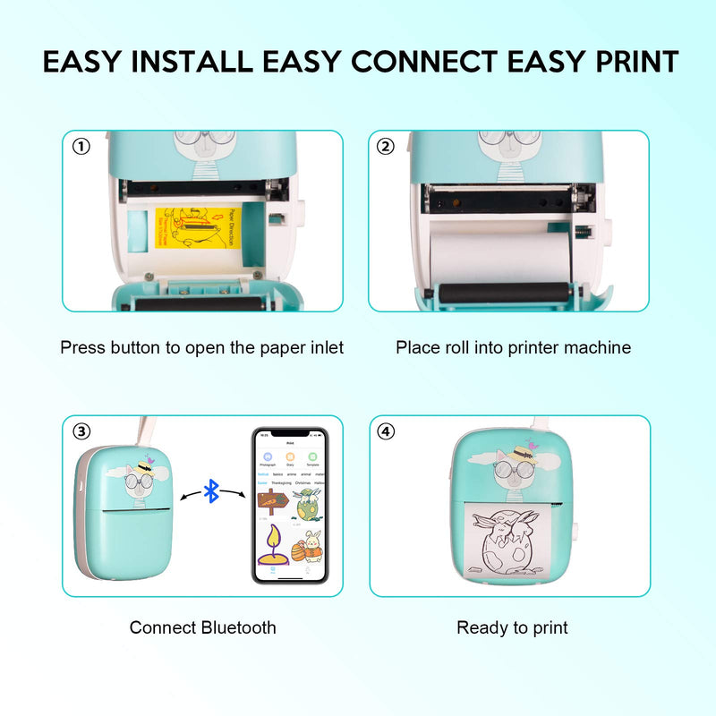 [Australia - AusPower] - Pocket Printer Mini Portable Sticker Thermal Label Printer for iOS Android PEEWF Mini Receipt Printer for Phone Bluetooth Wireless Instant - 4 Thermal Roll for Kids 