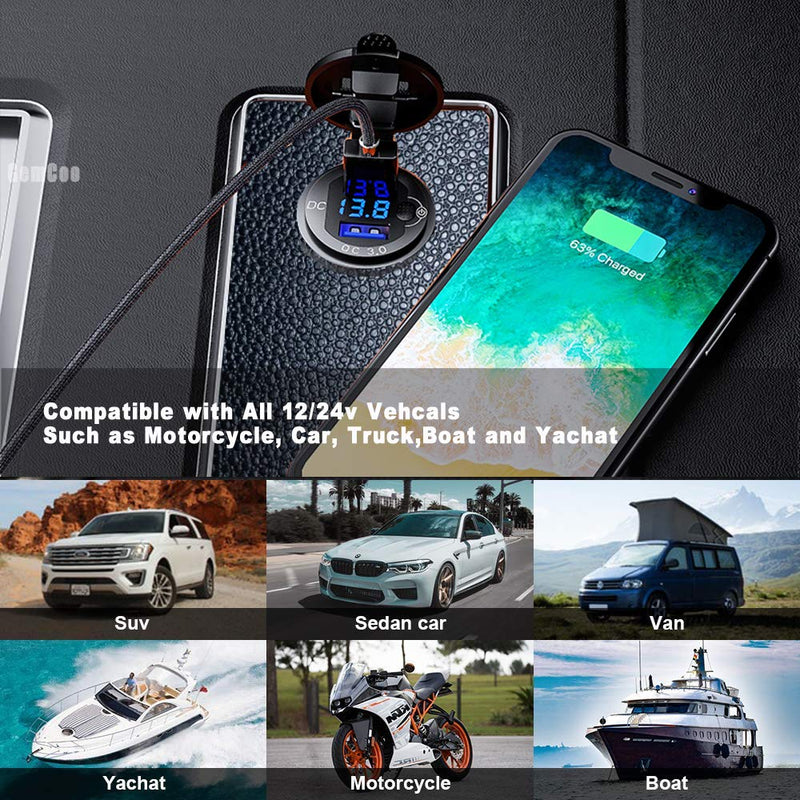 [Australia - AusPower] - Quick Charge 3.0 Dual USB Car Charger Socket 12V/24V 36W QC3.0 Dual USB Aluminum Socket Power Outlet with LED Voltmeter and ON/Off Switch for Marine, Boat, Motorcycle, Truck, Golf Cart Blue 