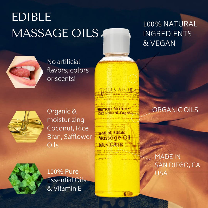 [Australia - AusPower] - RD Alchemy - 100% Natural & Organic Edible Massage Oil Sample Pack. Contains All 4 Flavors - Bay Rum Love, Juicy Citrus, Spicy Vanilla, Mint Zip for Soothing Massage, Bath & Body Oil. 2 Ounce (Pack of 4) 