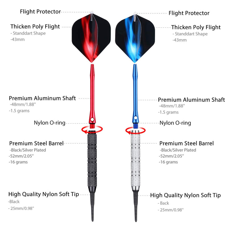 [Australia - AusPower] - centaur 12 Pack Soft Tip Darts, Professional 18 Gram Plastic Tip Dart Sets with 4 Colors Premium Aluminum Shafts 100 Dart Tips 16 Dart Flights and Dart Case for Electronic Dart Board, Silver & Black 