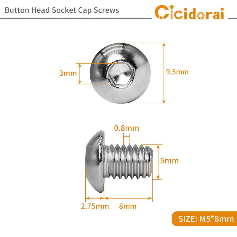 [Australia - AusPower] - Cicidorai M5-0.8 x 8mm Button Head Socket Cap Bolts Screws, 304 Stainless Steel 18-8, Allen Socket Drive, Full Machine Threads, Quantity 50 M5 x 8mm(50 PCS) 
