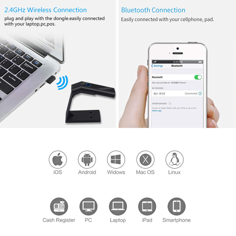 [Australia - AusPower] - Portable 2D Bluetooth Wireless Barcode Reader Scanner with Stand, Symcode Handheld Cordless QR Bar Code Scanner 3-in-1 Bluetooth 4.1 & 2.4G Wireless & USB Wired Bar Code Reader Scanner with Stand 