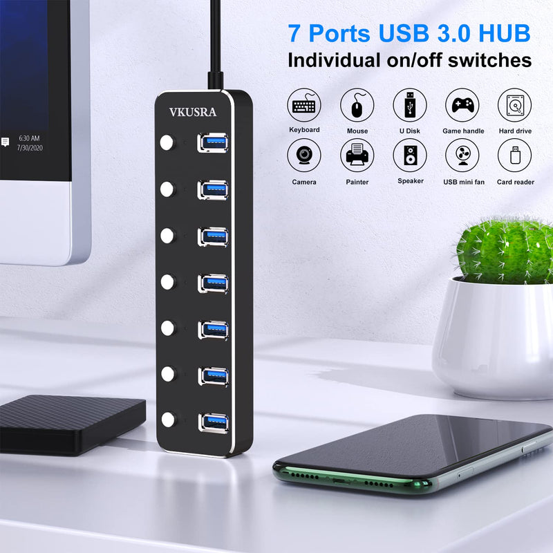 [Australia - AusPower] - USB Hub,VKUSRA 7 Port USB Hub 3.0 with 4ft USB Extension Cable Multiple Port,Individual USB On/Off Switch and LED Indicator,USB Splitter for Laptop,Mac,Xbox,Printer, Flash Drive USB HUB 7 PORTS 
