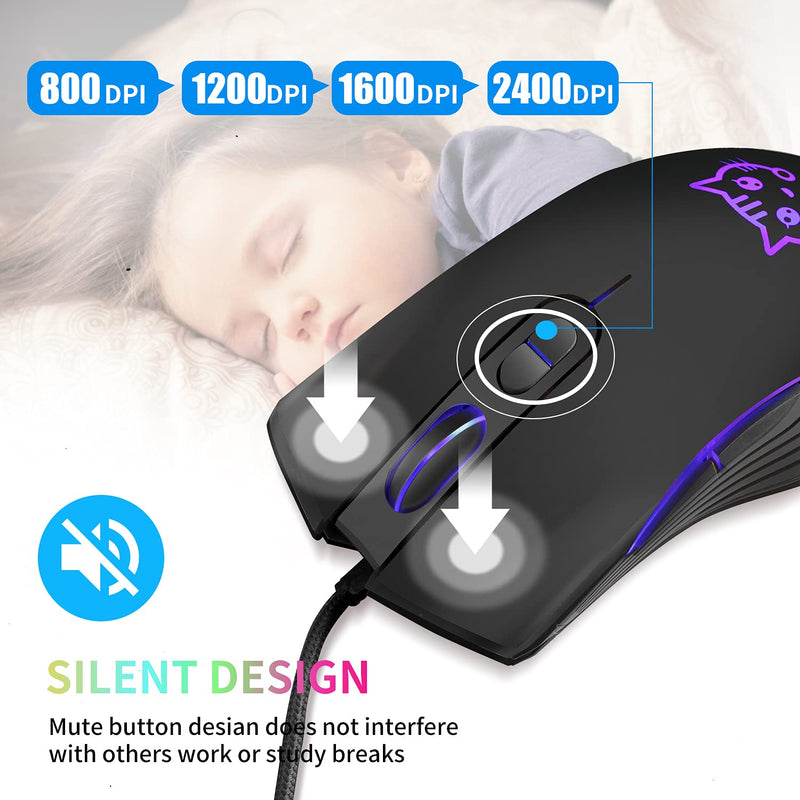 [Australia - AusPower] - Gaming Mouse,7 Colors Backlit Optical Game Mice Ergonomic USB Wired with 2400 DPI and 6 Buttons 4 Shooting for Computer/Win/Mac/Linux/Andriod/iOS. (Black) Black 