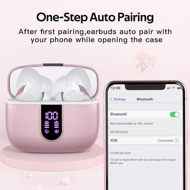 [Australia - AusPower] - TAGRY Bluetooth Headphones True Wireless Earbuds 60H Playback LED Power Display Earphones with Wireless Charging Case IPX5 Waterproof in-Ear Earbuds with Mic for TV Smart Phone Computer Laptop Sports Pink 