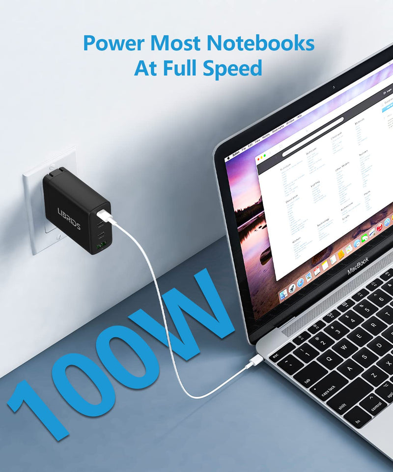 [Australia - AusPower] - USB C Wall Charger, 4-Port 100W GaN USB C Charger, LIBRIDS Foldable PD 3.0 Fast Charger Block Power Adapter Compatible for MacBook Pro Air, iPhone 13 Pro max/12 Pro, Galaxy S20, USB-C Laptops, Black 