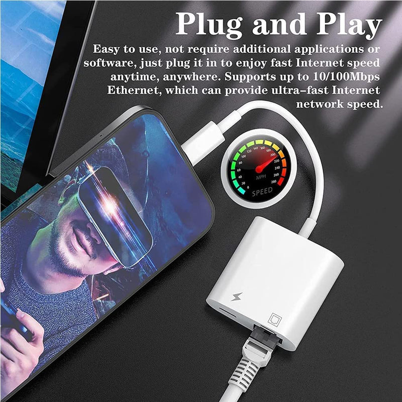 [Australia - AusPower] - 【Apple MFi Certified】 Lightning to Ethernet Adapter, 2 in 1 Rj45 Ethernet LAN Network Adapter, iPhone Ethernet Cable with Charge Port Compatible with iPhone/iPad/iPod Supports 100Mbps,Plug and Play 