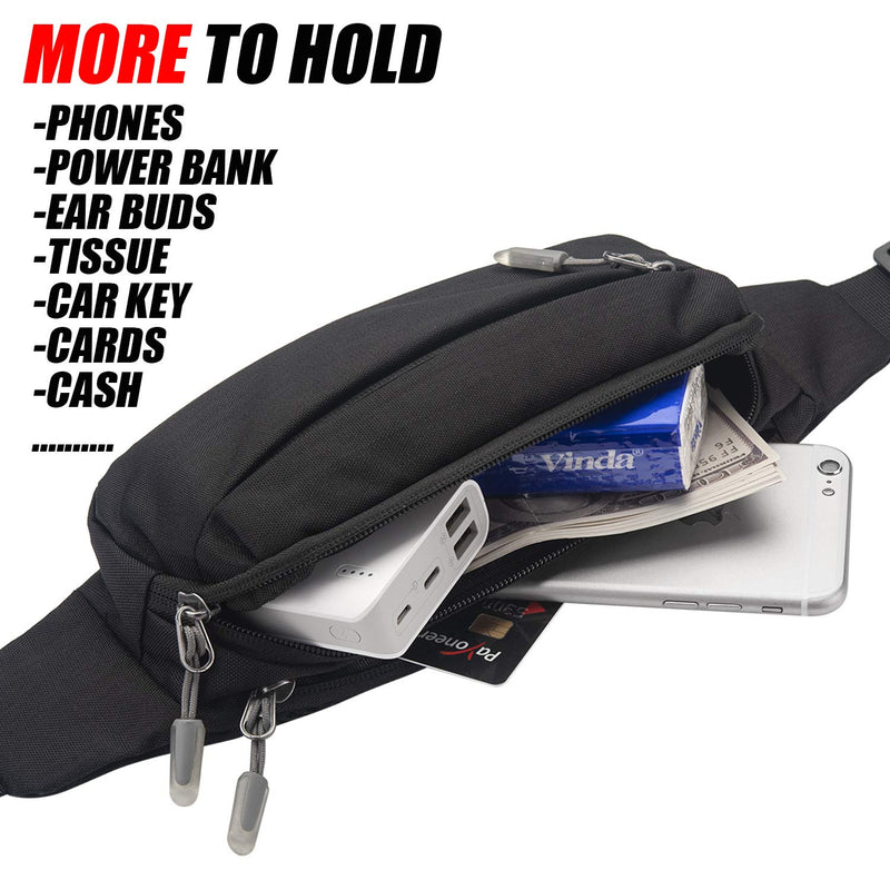[Australia - AusPower] - USHAKE Fanny Pack Waist Packs with Extender for Men Women, Waist Pouch Bag Hip Pack with 3-Zipper Pockets Adjustable Straps for Casual Travel Hiking Running Outdoor Sports BLACK 
