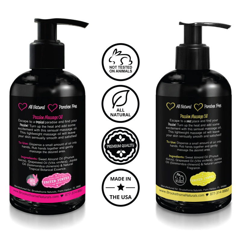 [Australia - AusPower] - Passion Sensual Massage Oil for Couples – Set of 2 Massaging Oils Lemon Crème & Tropical Paradise. All Natural with Almond & Jojoba Oils. Great for Women & Men. Full Body Oil for Romance & Relaxation 2 Piece Assortment 
