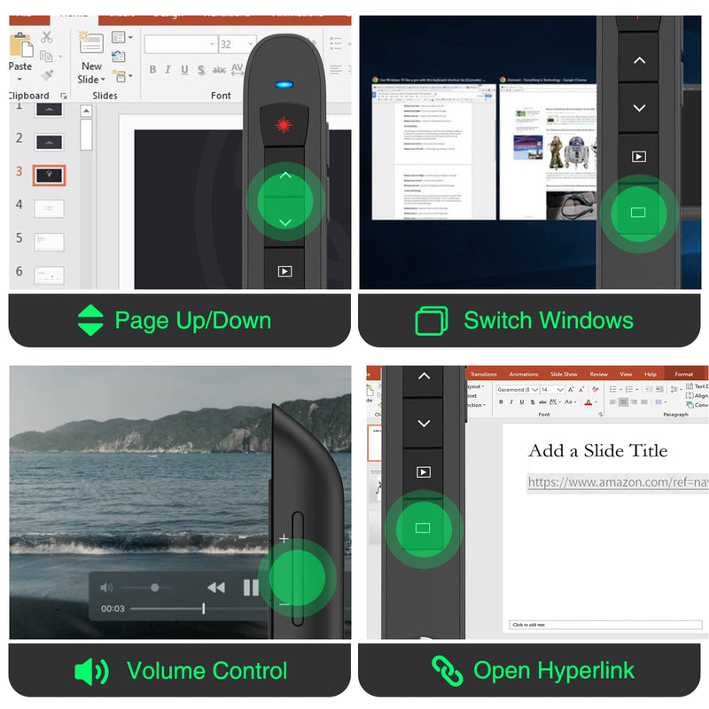[Australia - AusPower] - Presentation Clicker Green Laser Pointer, Rechargeable PowerPoint Clicker Wireless Presenter Remote, RF 2.4GHz USB Presentation Pointer Slide Advancer with Hyperlink Volume Control for Mac Computer Q91 Green Light 