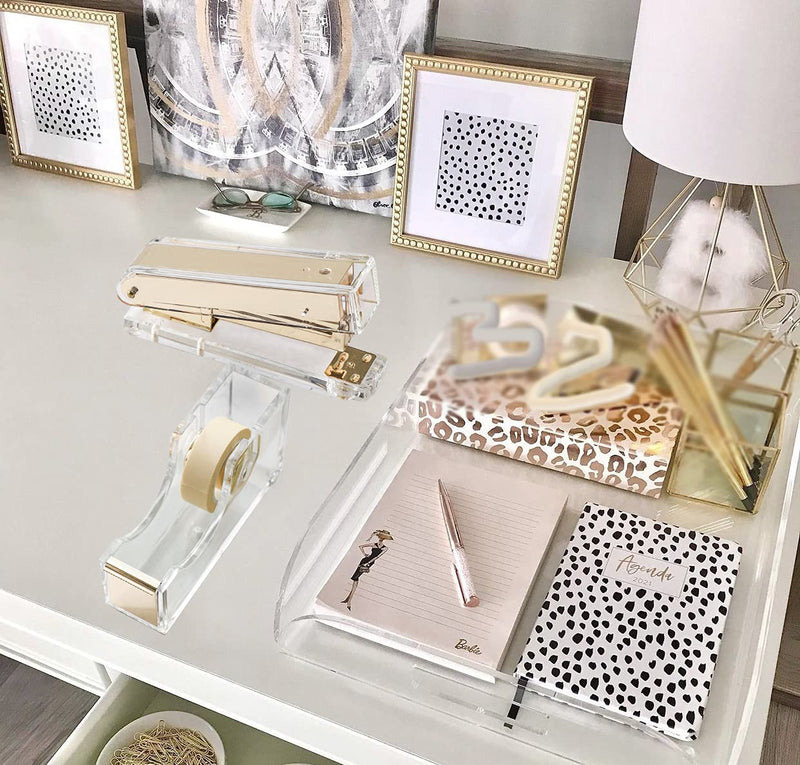 [Australia - AusPower] - Acrylic Gold Tape Dispenser Gold Desktop Stapler, Acrylic Office Supplies Includes Tape, 1000pcs Staples Desk Accessory Kit, Chic Office Stapler Tape Dispenser for Modern Design Office Desktop 
