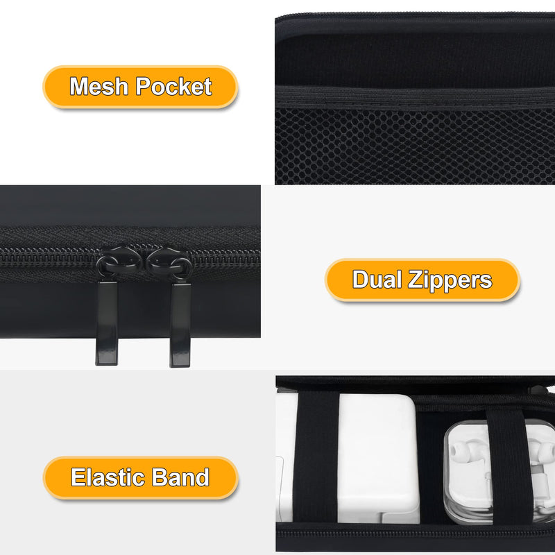 [Australia - AusPower] - Elonbo Hard Electronics Accessories Travel Case Bag for MacBook Air Pro Charger iPhone 13 / 13 Pro Charger USB Hub, Extra Mesh Pocket Fits Charging Cable Cord Power Adapter Hard Drive, Black+ Black 