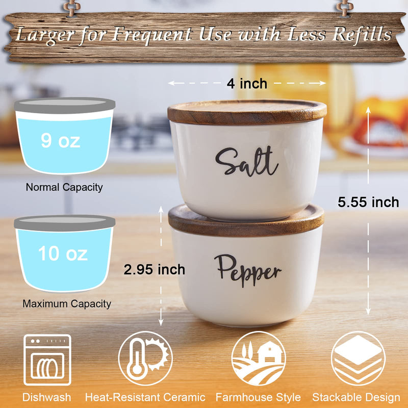 [Australia - AusPower] - Farmhouse Salt and Pepper Bowls, DAYYET 10 oz Salt Cellar with Lid, Stacked Ceramic Salt Pepper Container with Wooden Lid, Salt Box for Countertop, Modern Farmhouse Kitchen Decor, Set of 2, White 