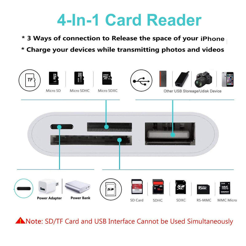 [Australia - AusPower] - SD Card Reader for iPhone/iPad 4 in 1 SD/Micro SD Card Reader Memory Card Reader Adapter with Dual Card Slot and USB for SLR Camera Trail Game Camera SD Viewer Plug and Play 