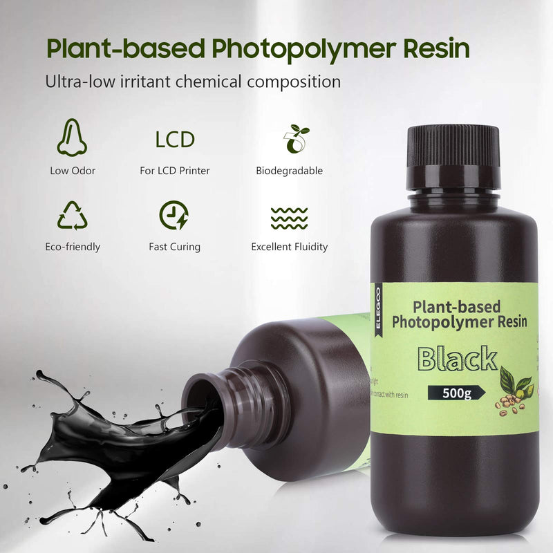 [Australia - AusPower] - ELEGOO Plant-Based 3D Printer Resin with Low Odor and High Precision, 405nm UV Rapid Resin, and Quick Curing for LCD 3D Printing - Black 500g 