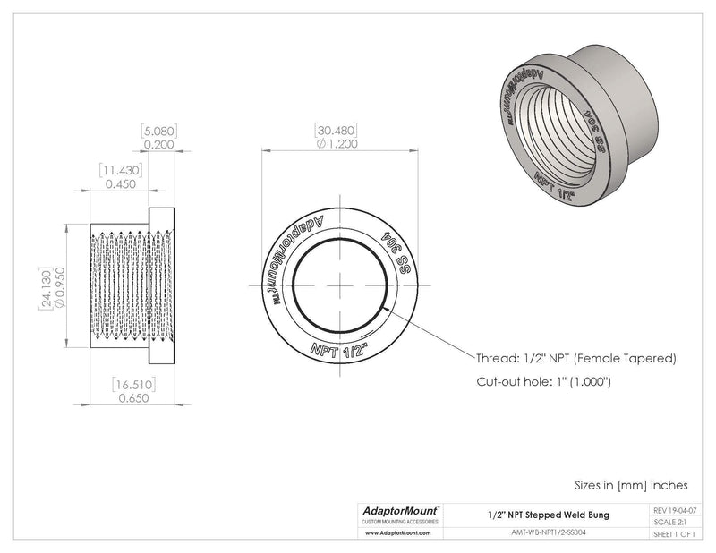 [Australia - AusPower] - 1/2" NPT Stainless Steel 304 Female Threaded Stepped Weld Bung Mounting Fitting (OD 1.0") with Top Head (OD 1.2") 