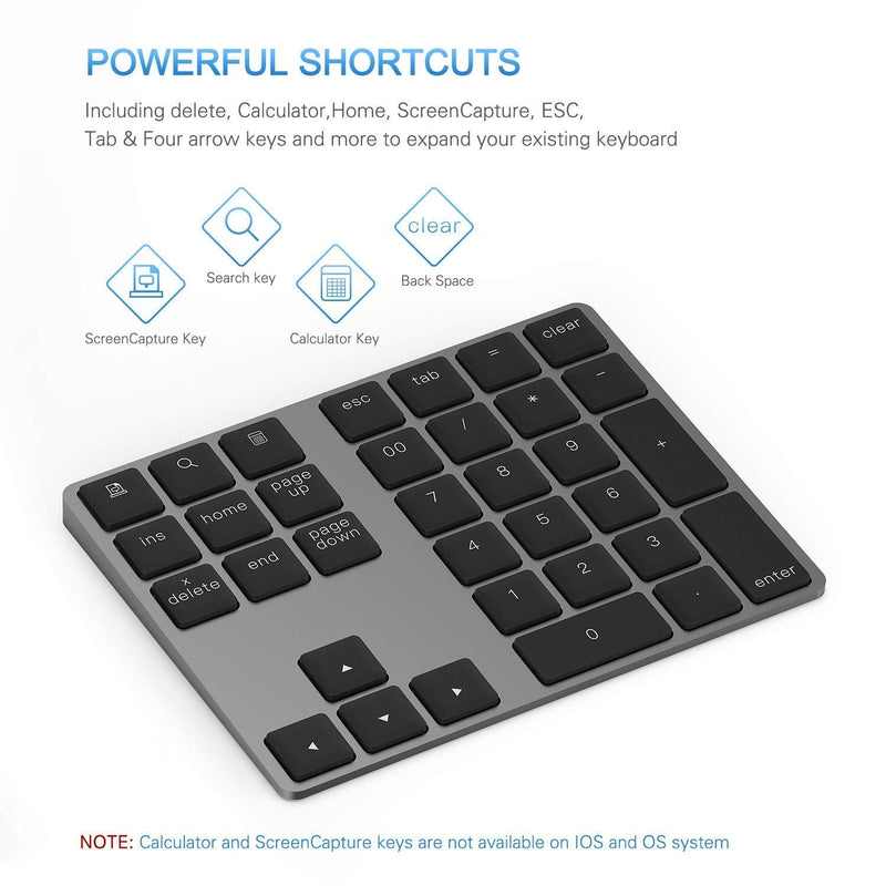 [Australia - AusPower] - Bluetooth Number Pad, Lekvey Aluminum Rechargeable Wireless Numeric Keypad Slim 34-Keys External Numpad Keyboard Data Entry Compatible for Macbook, MacBook Air/Pro, iMac Windows Laptop Surface Pro etc Bluetooth - Black 