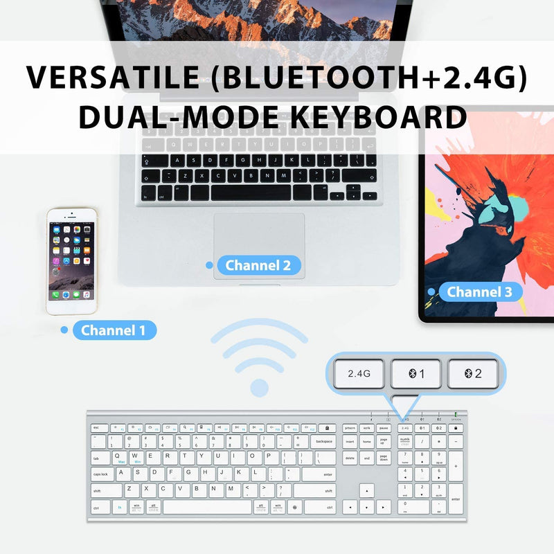 [Australia - AusPower] - Bluetooth Keyboard, iClever DK03 Wireless Keyboard Multi-Device Keyboard, Dual Mode (Bluetooth 4.2 + 2.4G) Ultra-Slim Full-Size Keyboard for Mac, iPad, Apple, Android, Windows, Connect Up To 3 Devices silver 