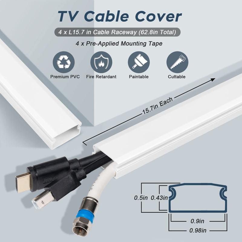 [Australia - AusPower] - YCLYC Cable Cover Wall, 62.8in Grey Wire Cover for Wall, Cord Hiders for TV on Wall, Paintable Cord Cover Wall Kit, Hide Cords Wall Mounted TV - Cord Concealer Cable Channel 4xL15.7in W0.98in H0.5in Medium 