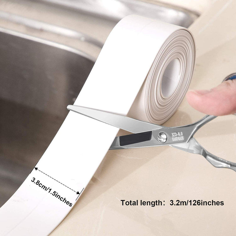[Australia - AusPower] - Caulk Strip Tape, PVC Waterproof Self Adhesive Tape for Bathtub Bathroom Shower Toilet Kitchen Sink Floor Wall Corner Edge Sealing Protector with Sealant Tool, White, 2PCS (W:38mm L:11Ft) 