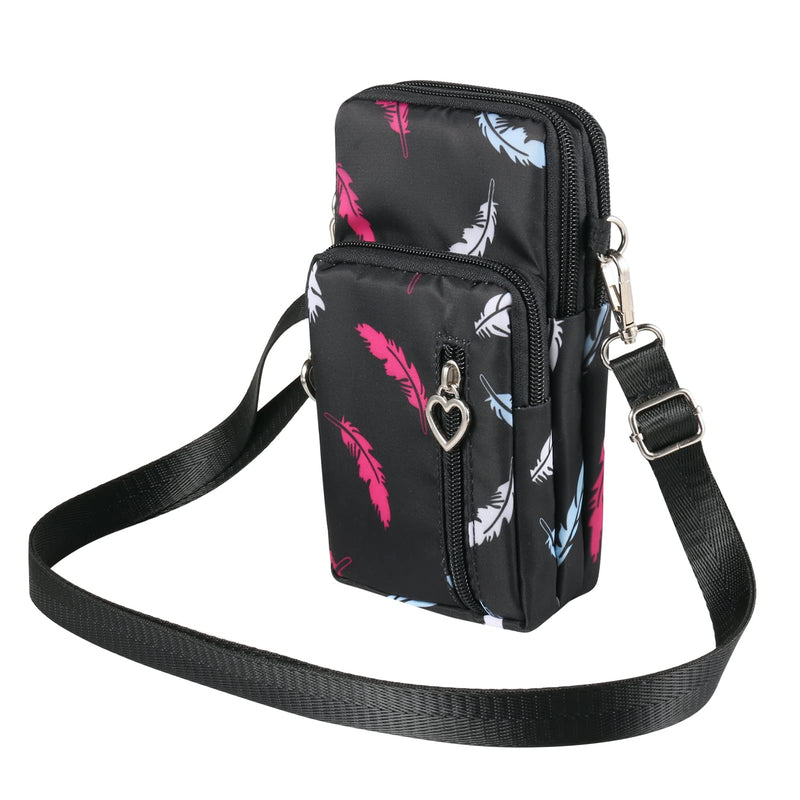 [Australia - AusPower] - Roomy Travel Small Wristlet Crossbody Bag Cell Phone Purse Wallet Sports Armband Running Holder for iPhone 11/12 Mini/ 13 Pro/Xs Max/XR/ 8 Plus/SE/Google Pixel 6/5/ 4a/ 4a 5G (Black-feather) Black-feather 