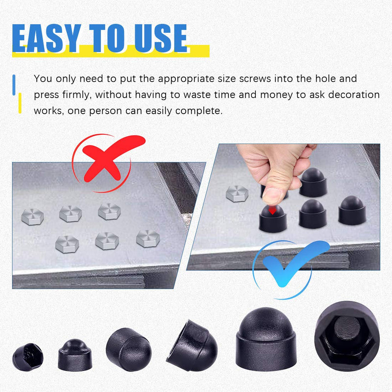 [Australia - AusPower] - Glarks 160Pcs Black Bolt Covers Screw Caps Assortment Kit, M4 M5 M6 M8 M10 M12 Nylon Acorn Dome Protection Caps for Protecting Hexagon Shaped Screws Bolts (Black) 