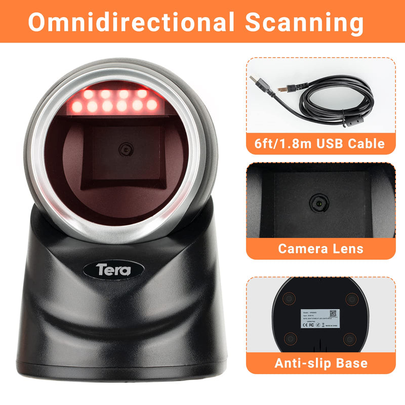 [Australia - AusPower] - Tera 2D QR Desktop Omnidirectional Barcode Scanner Hands-Free USB 2.0 Wired Bar Code Reader with Automatic Image Sensing Scanning Platform Scanner for POS Supermarket Retail Store Model 9100 (Black) Black 
