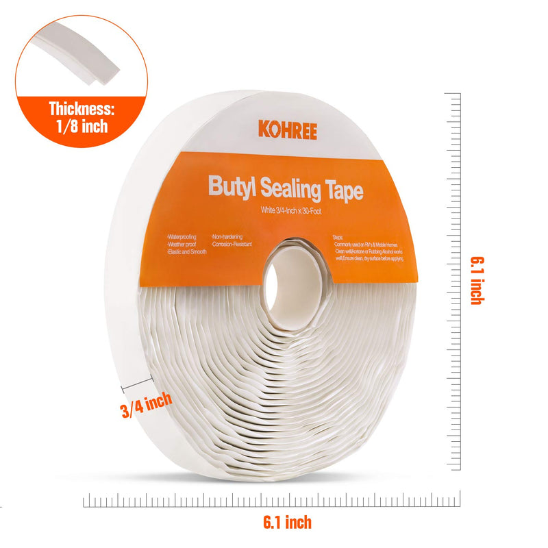 [Australia - AusPower] - Kohree Butyl Seal Tape RV Putty Rubber Sealant Tape White, 1/8-Inch x 3/4-Inch x 30-Foot, Leak Proof Butal Tape for RV Repair, Window, Boat Sealing, Glass and EDPM Rubber Roof Patching 