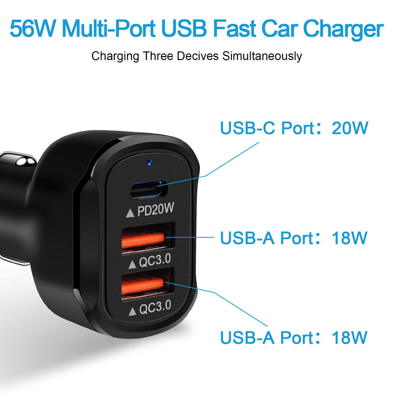 [Australia - AusPower] - 56W Fast Car Charger，3 Port USB C Car Charger Dual QC 3.0 18W & PD 20W Car Charger Adapter Compatible with iPhone 13/12 pro/pro max/mini/11/XS/XR/X/SE, Samsung Galaxy S21/S20 Ultra/S21+/S20+/Note20/10 