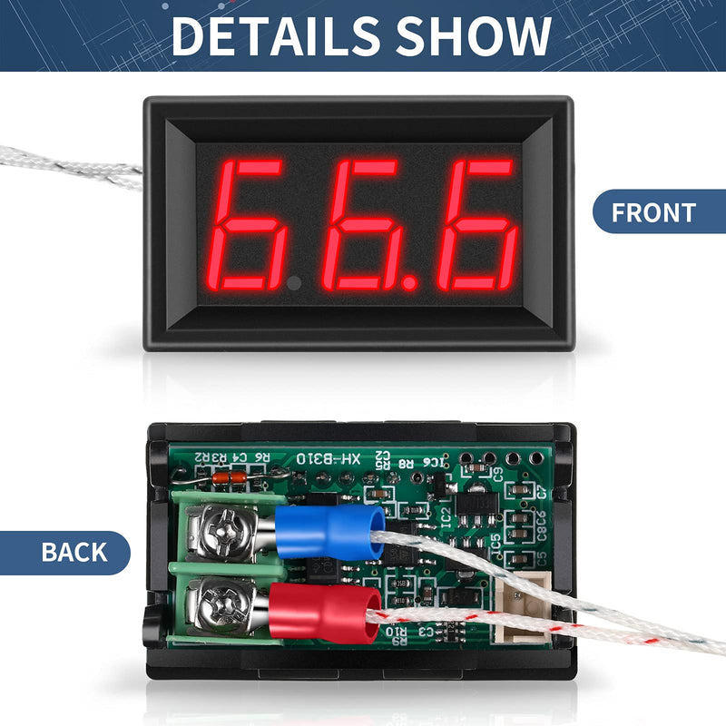 [Australia - AusPower] - 2 Pieces -30-800 Degree Centigrade Digital Temperature Meter with 0.5 m K-Type Thermocouple Temperature Sensor and 2-Wires Reverse Polarity Protection with Red LED Display Black Case 