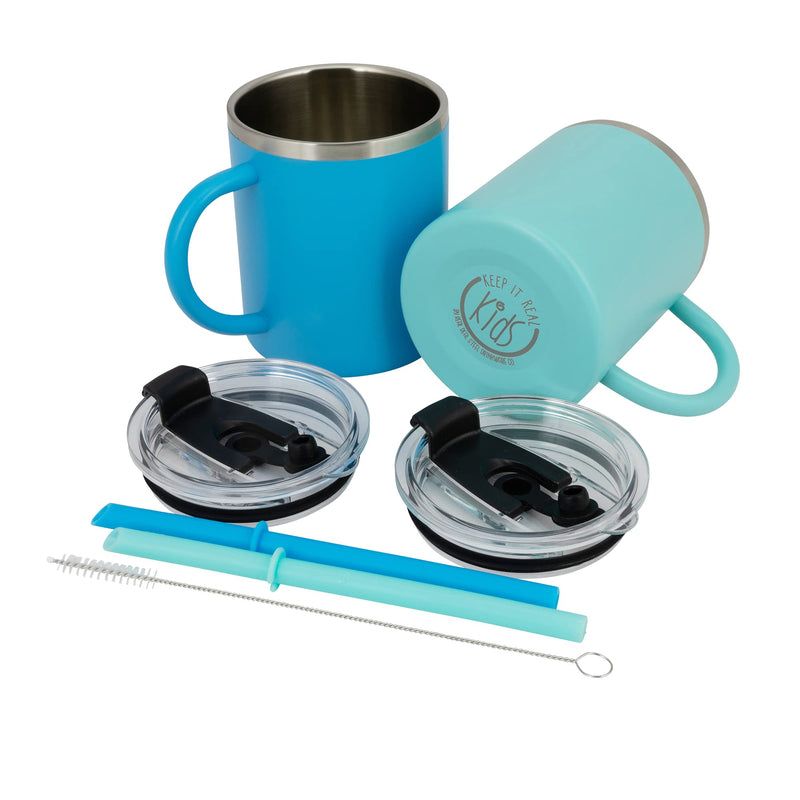 [Australia - AusPower] - Kids Mugs for Hot Chocolate - Stainless Steel BPA Free 10 oz Childrens Cup, Small Coffee Style Mugs for Hot Cocoa, Milk, Set of 2 with Handle, Lid and Straw Ocean Blue / Tiffany Blue 