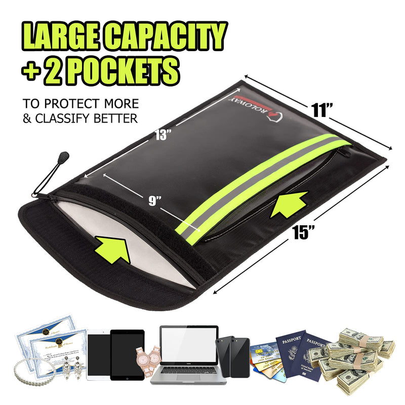 [Australia - AusPower] - ROLOWAY Fireproof Document Bag (15 x 11 inch) with 2 Pockets & Waterproof Zipper, Fireproof Money Bag, Fire Safe Bag with Reflective Strip, Fireproof Envelope for Cash, Legal Documents Safe (Black) Black 