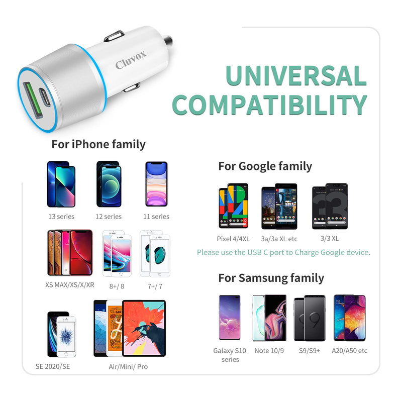 [Australia - AusPower] - Dual USB Car Charger Adapter, Cluvox 20W Fast Charge Car Charger Compatible for iPhone 13/12/11/Pro/MAX/XS/XR/8/SE 2020/iPad Pro/Air 4/Mini, Google Pixel 5/4/3a XL, Samsung Cigarette USB Charger Silver White 