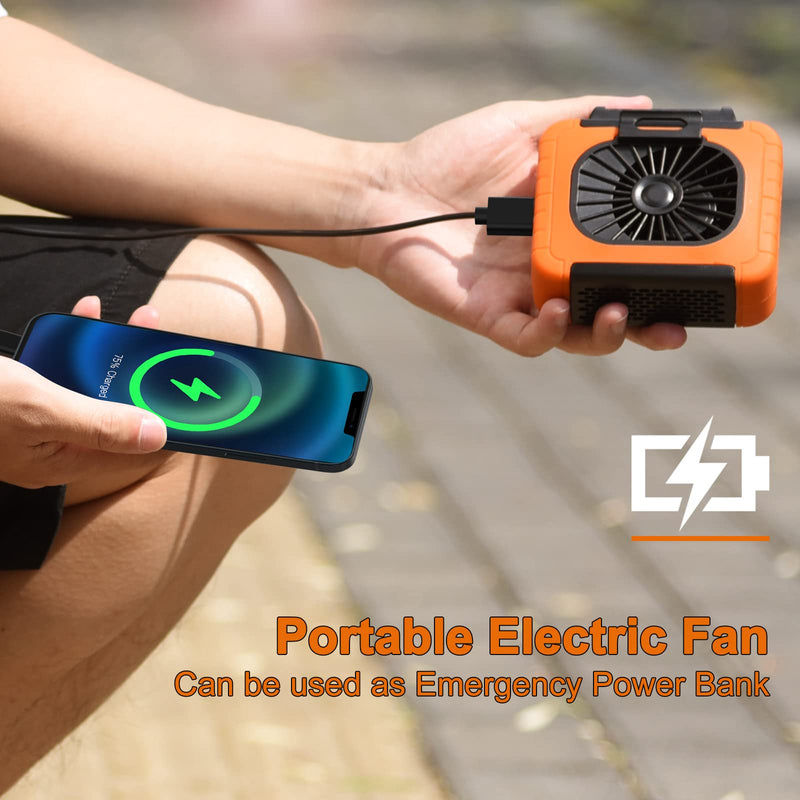 [Australia - AusPower] - Cadrim Upgraded 3-in-1 Portable Waist Clip Fan, 8000mAh USB Rechargeable Hands-free Necklace Fan with LED SOS Function, Mini Battery Operated Fan for Outdoor Works, Farm, Hiking, Camping, Travel Orange+Black 