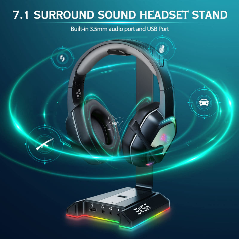 [Australia - AusPower] - RGB Headphone Stand with 7.1 Surround Sound, EKSA Gaming Headset Holder with USB & 3.5mm Ports, Headset Stand for Desk Perfect Gaming Accessories Gifts for Desktop Gamers, Suitable for Most Headphones 