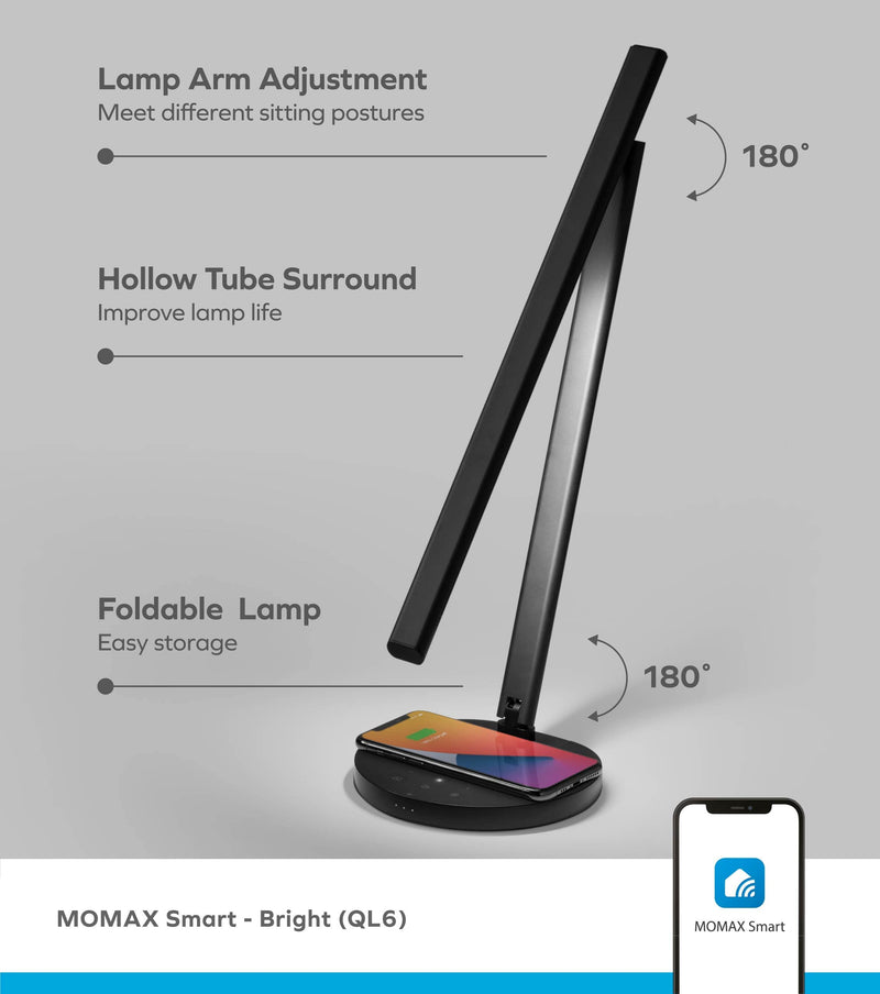 [Australia - AusPower] - MOMAX Smart LED Desk Lamp with Wireless Charger & Auto Locking Vertical Laptop Stand, Eye-Caring Auto-Dimming Lamp with Light Sensor, Voice & APP Control, USB Port, for Home Office, Reading, Studying 